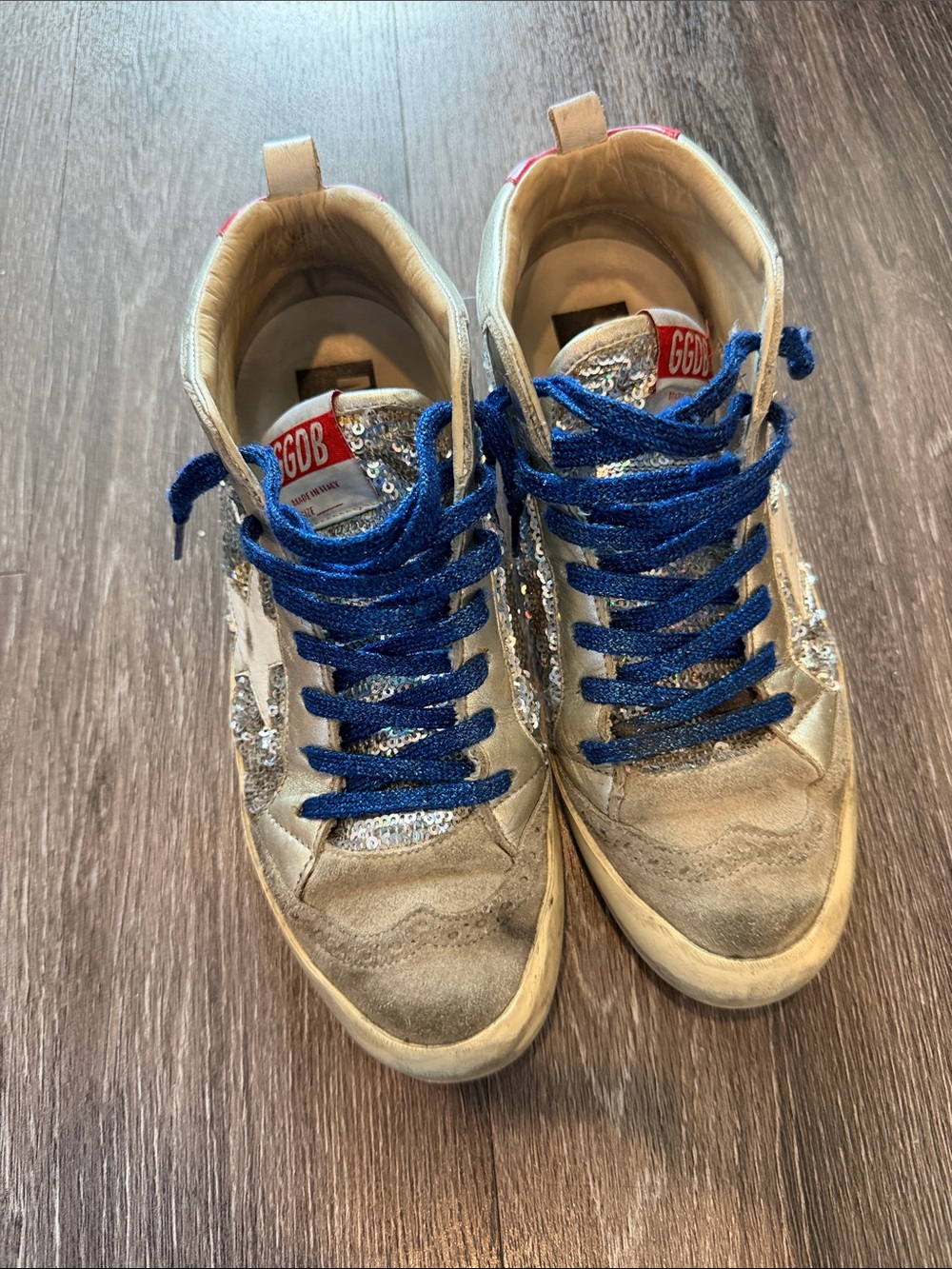 Golden Goose Kids Beige and Silver High-Top Sneakers with Blue Laces